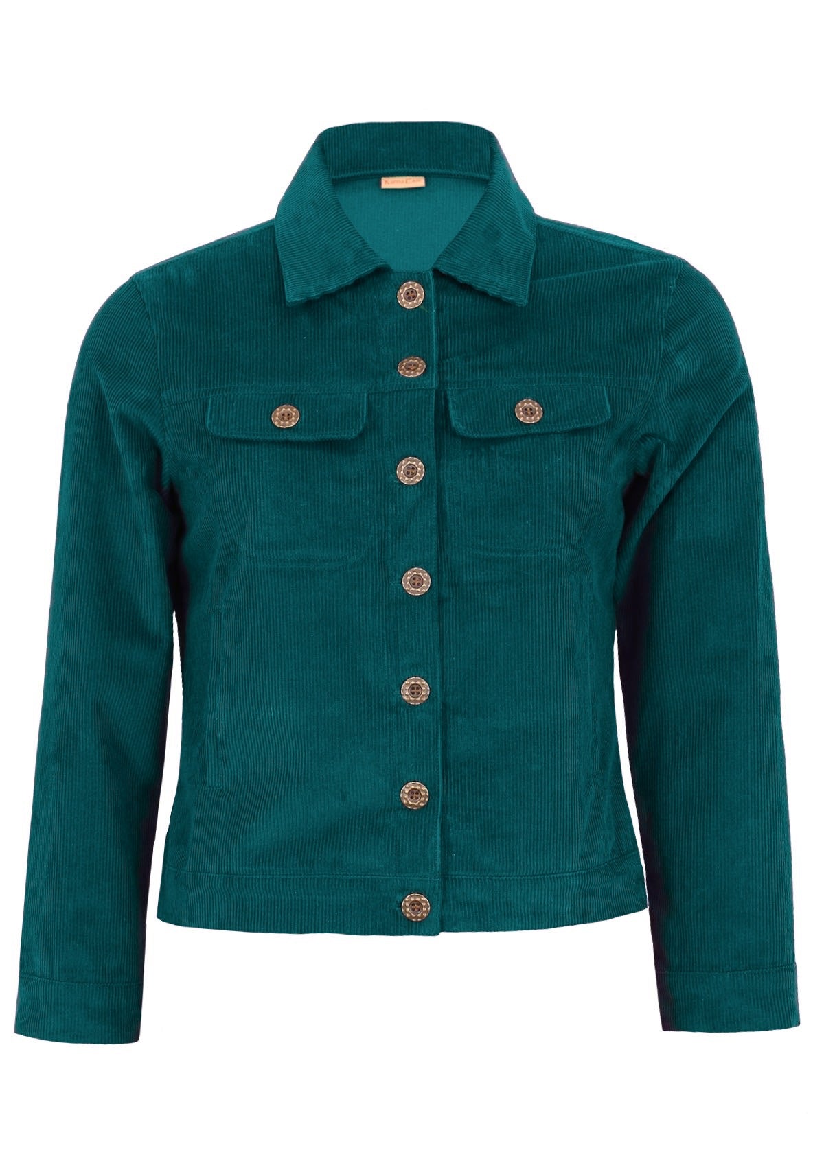 100% cotton corduroy jacket in deep teal with functional brass buttons. 