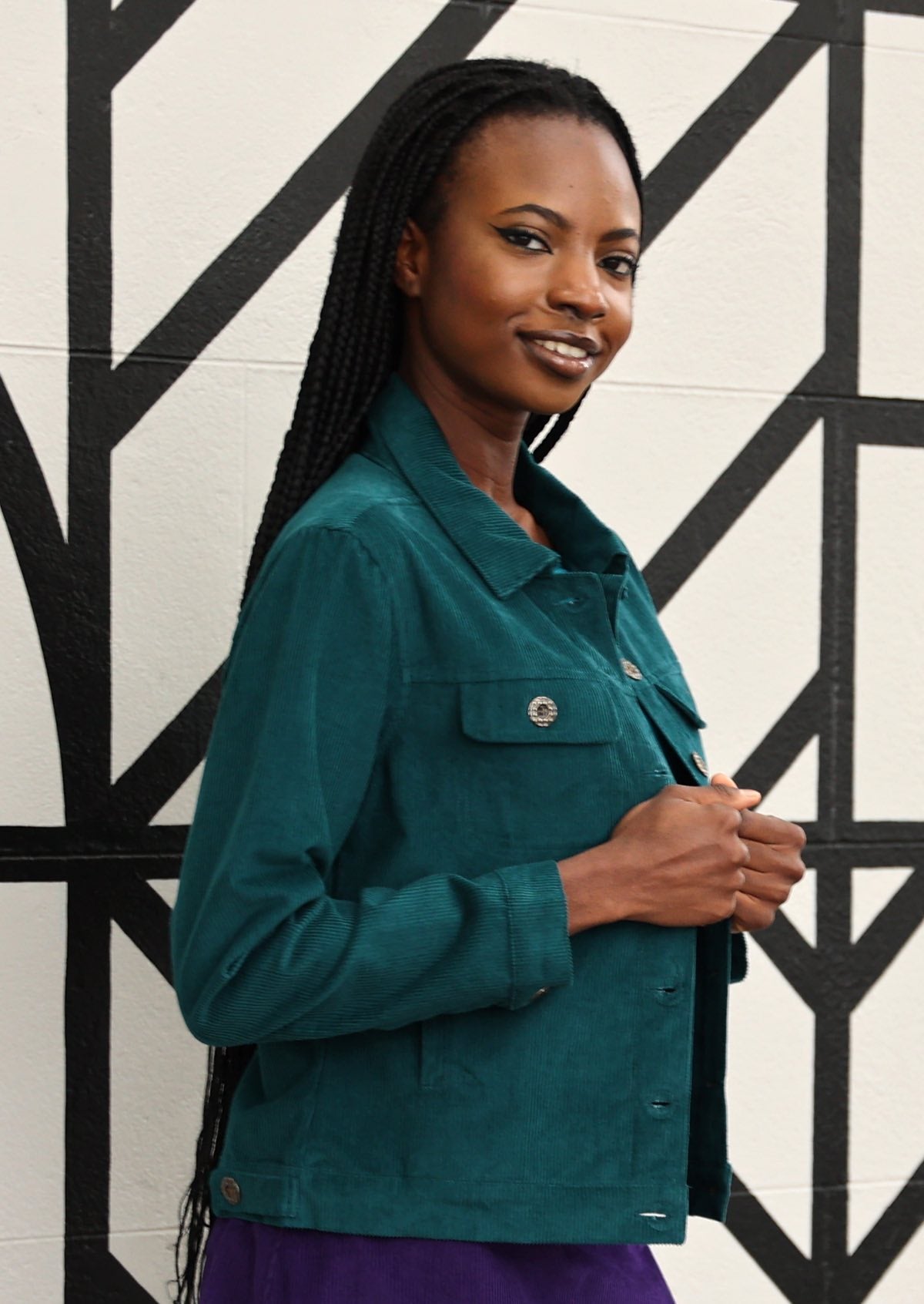 Deep teal corduroy jacket with pockets and brass buttons
