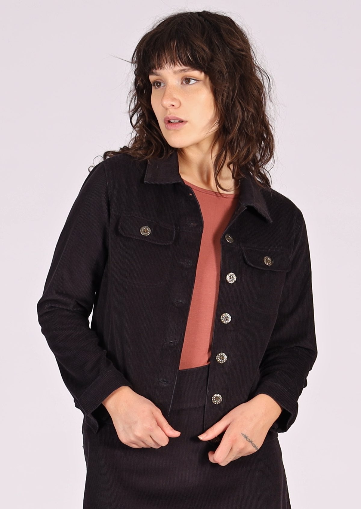100% cotton corduroy jacket in dark grey with brass buttons