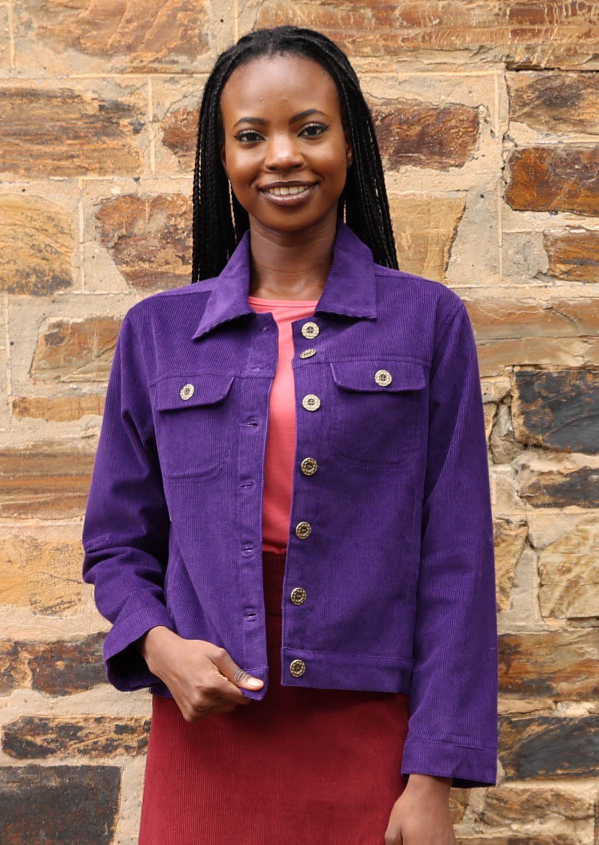 Cotton corduroy jacket in bright purple with brass buttons