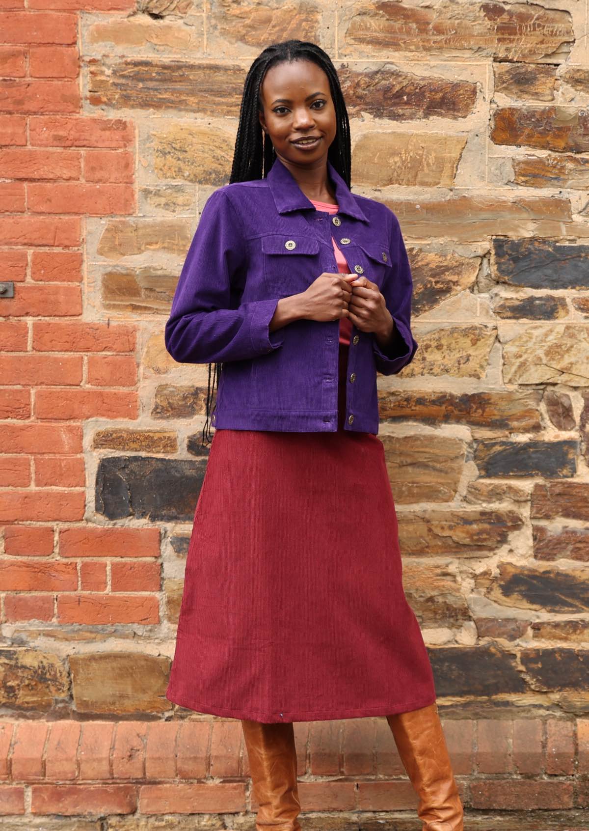 Bold purple cotton corduroy jacket looks great with contrasting corduroy skirt