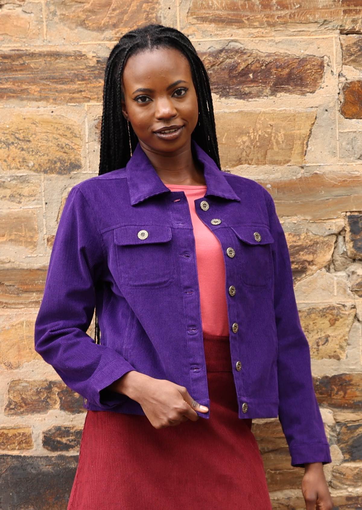 Add some interest to your outfit with this purple cotton corduroy jacket