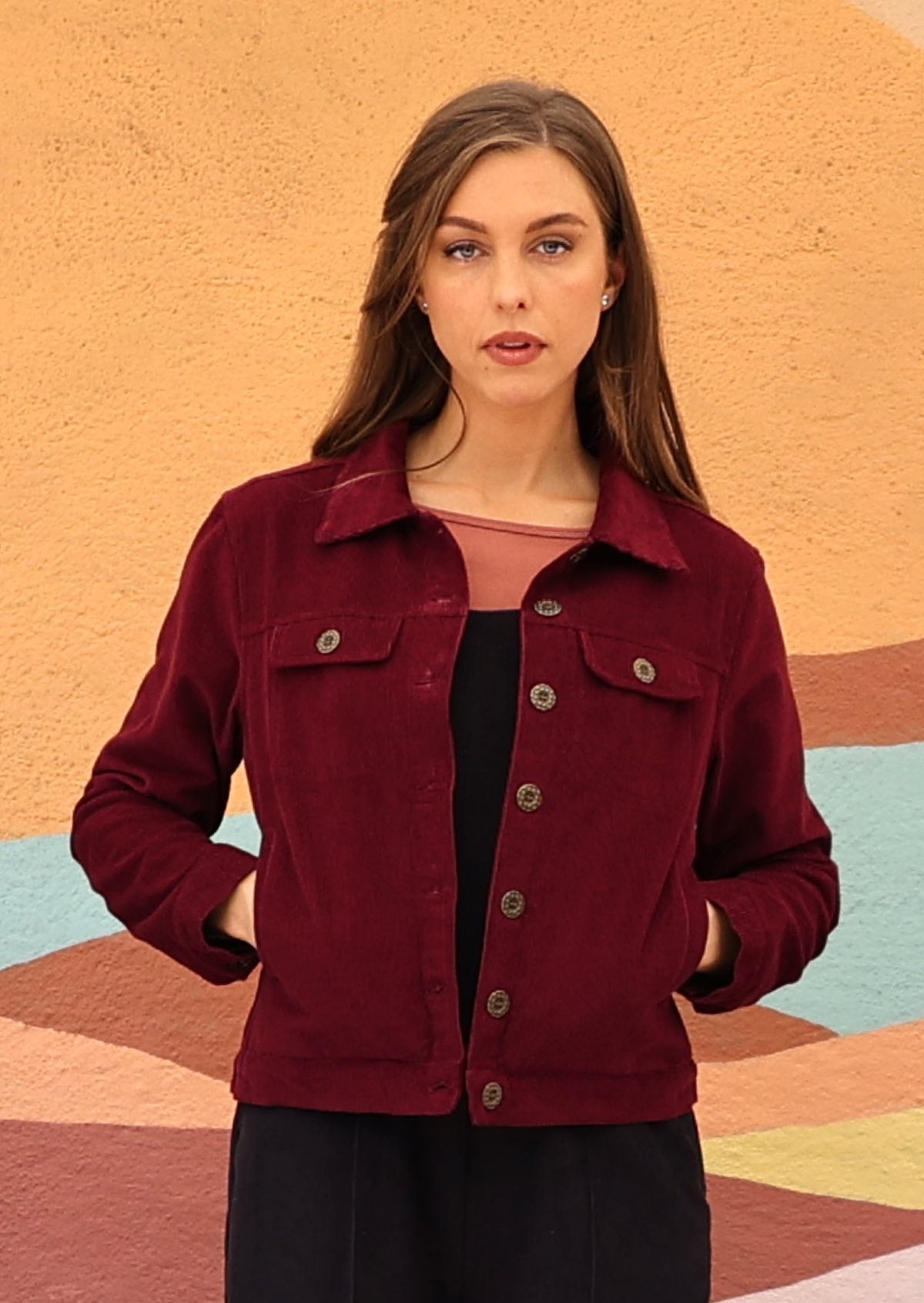 Maroon cotton corduroy jacket with breast and front  pockets