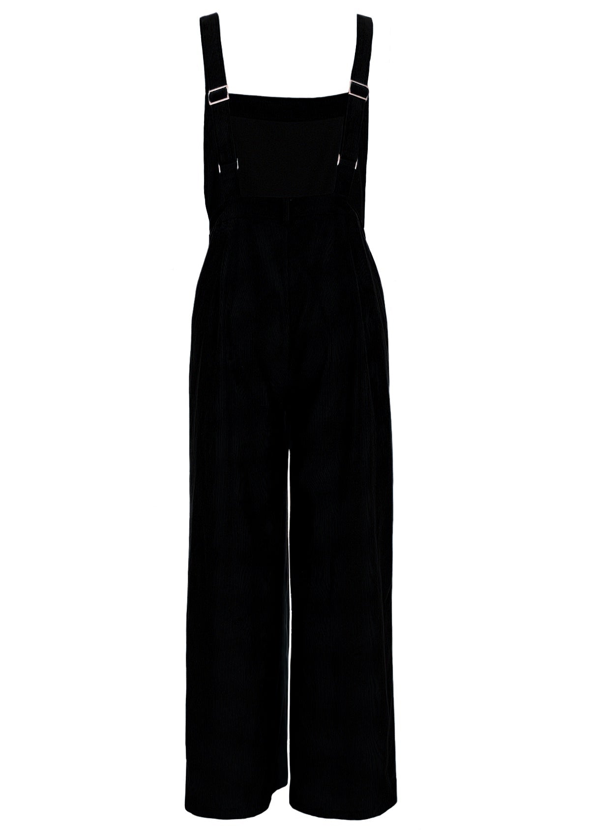 back view of black cotton corduroy overalls