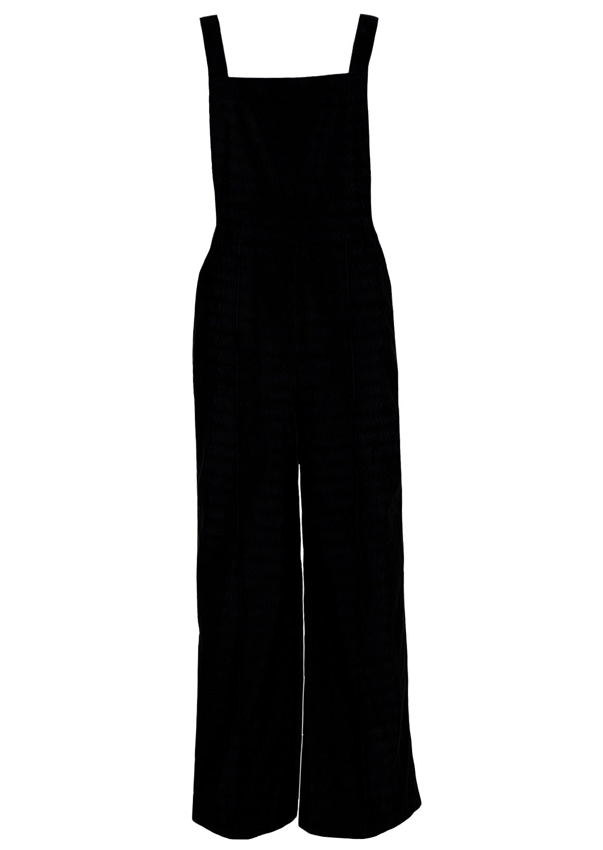 front view of black cotton corduroy overalls