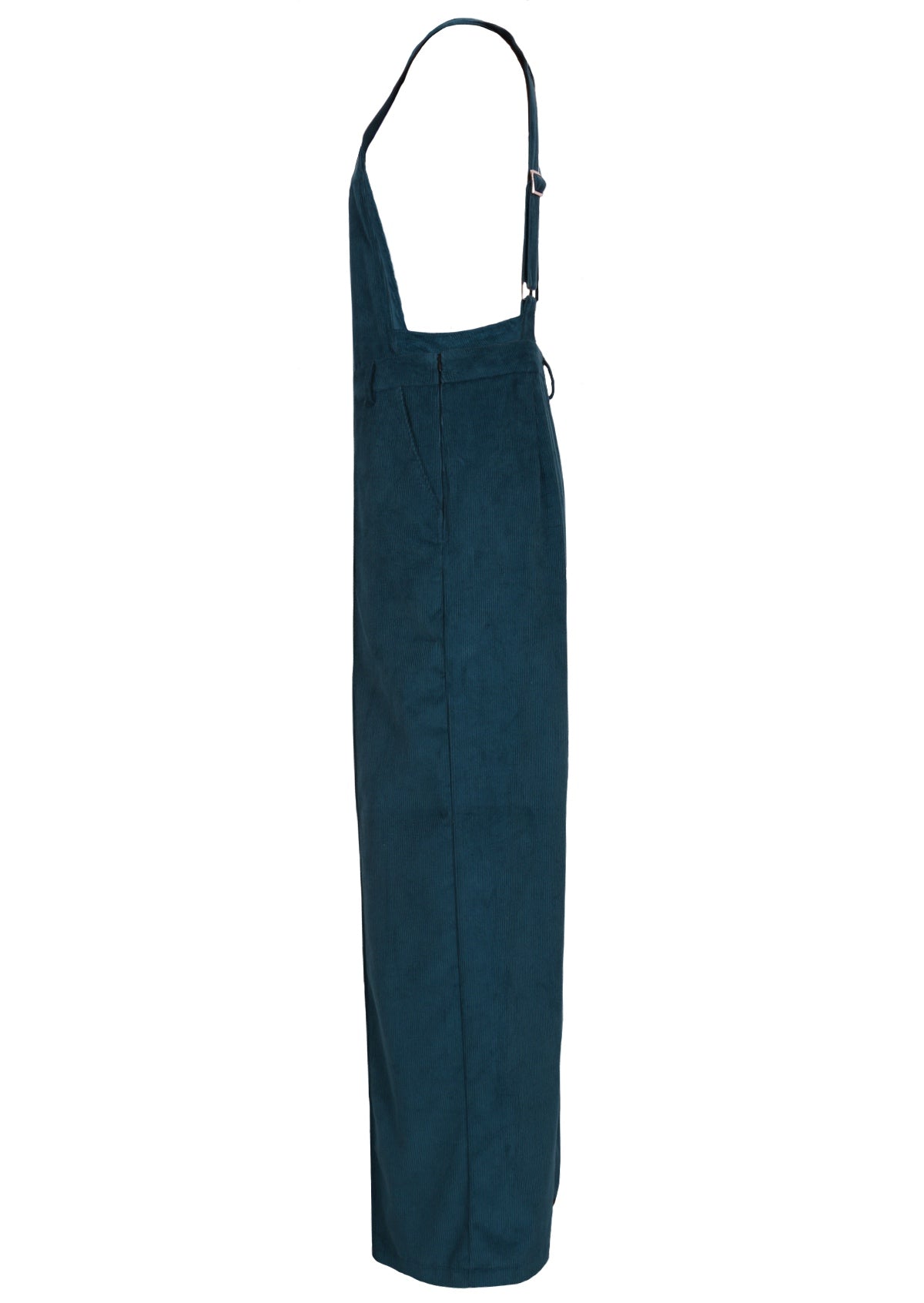 Deep teal cotton corduroy overalls have a side zip for ease of putting them on. 