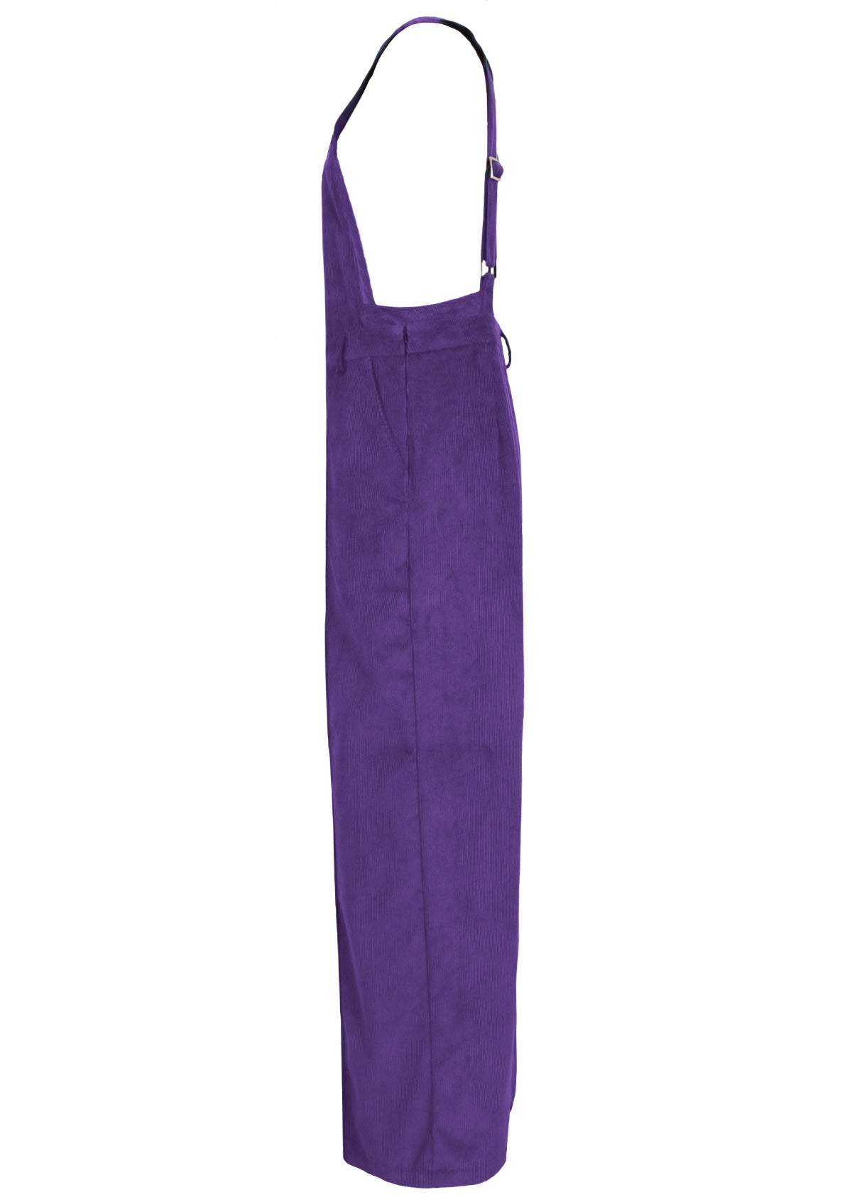 side view purple corduroy overalls