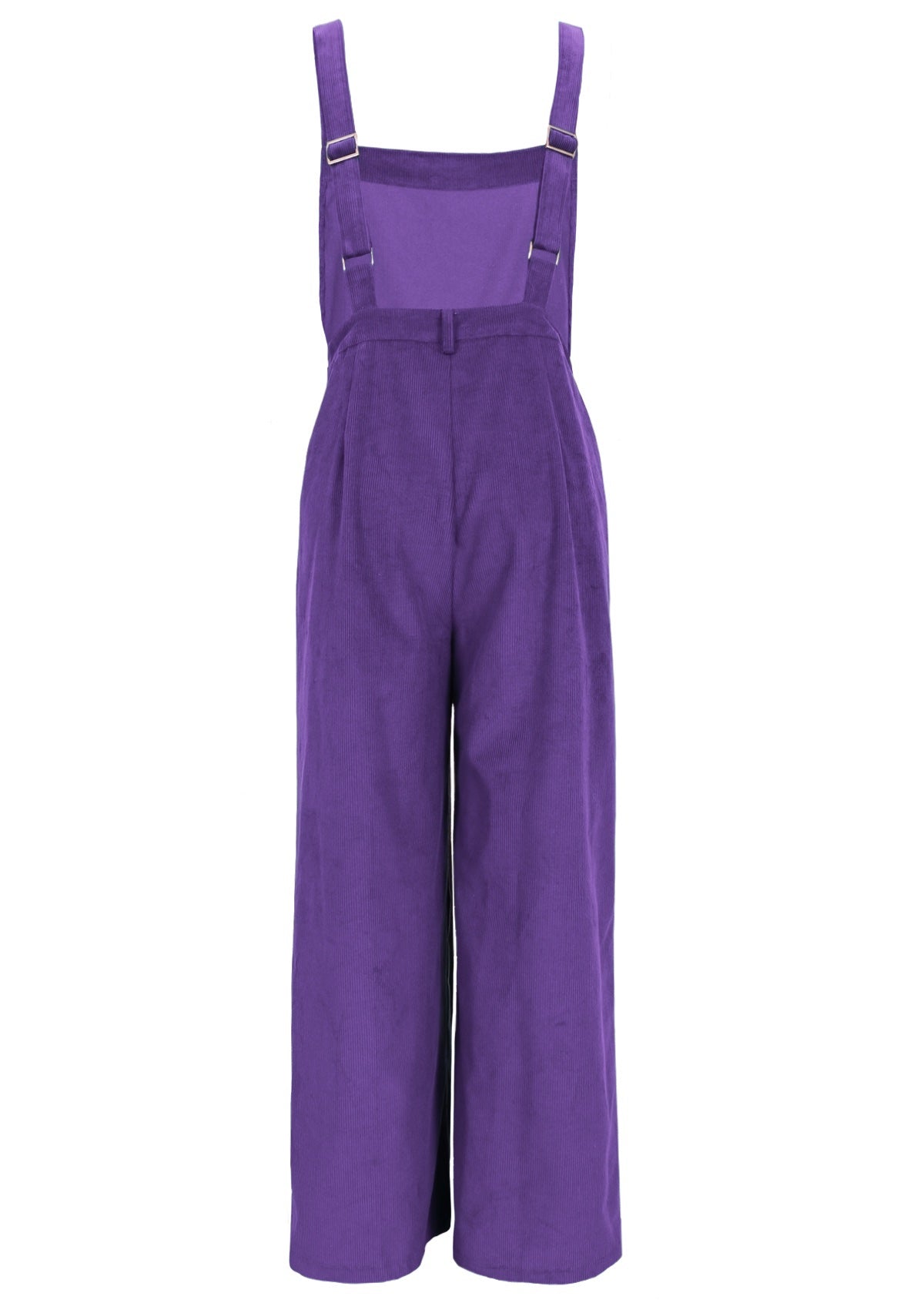 Purple corduroy overalls with adjustable straps and belt loops back view
