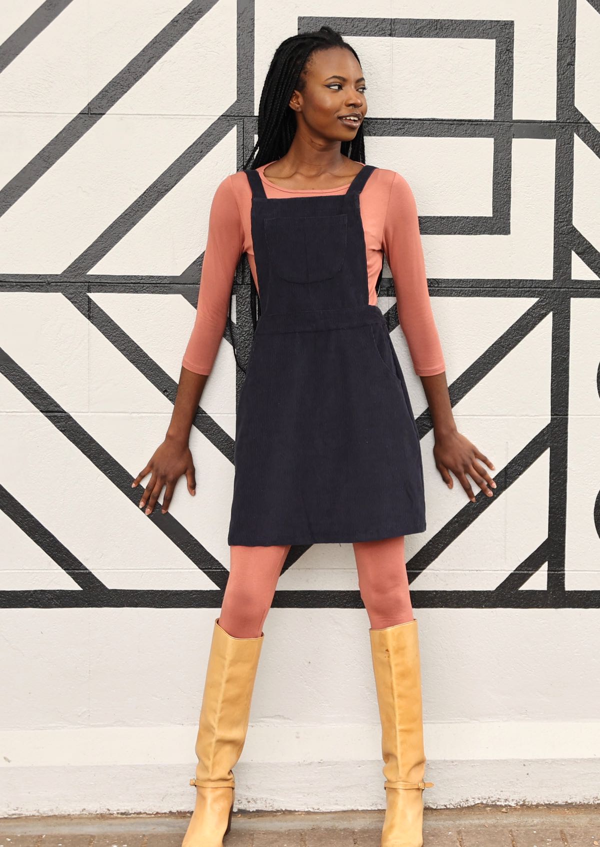 denim pinafore dress with leggings Tights Black Pinafore Outfit Ideas Denim Dress Outfit Denim Pinafore With Tights Outfit Ideas How To