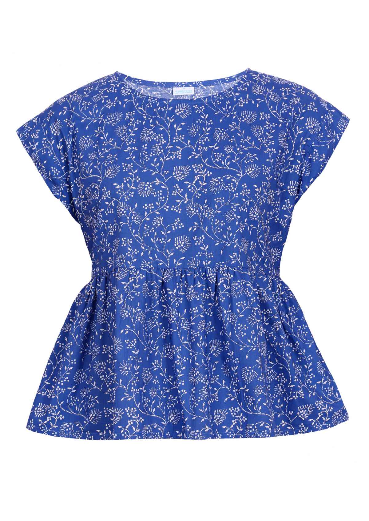 Delicate white floral on blue base cotton cap sleeve top