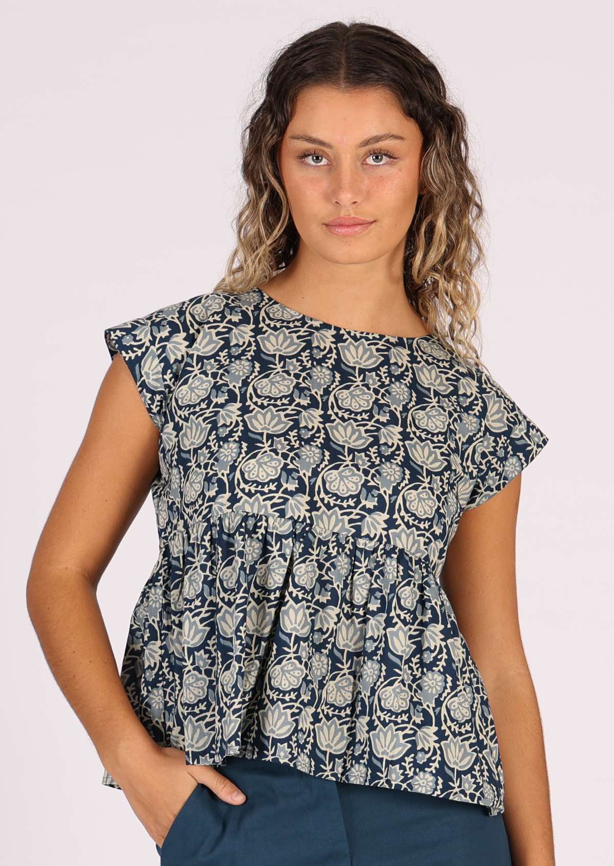 Blue floral print cotton top with ruffle