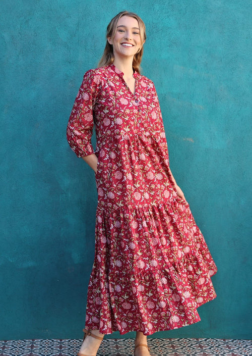 Red Cotton Long Dress With Sleeves Grape Basket Tiered Maxi Dress Buna Studio Red Cotton Long Dress With Sleeves Grape Basket Tiered Maxi Dress Buna Studio