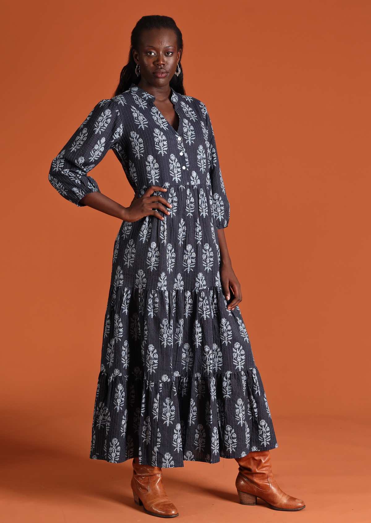 Model in  Delphi Tiered Maxi Dress navy blue Indian cotton