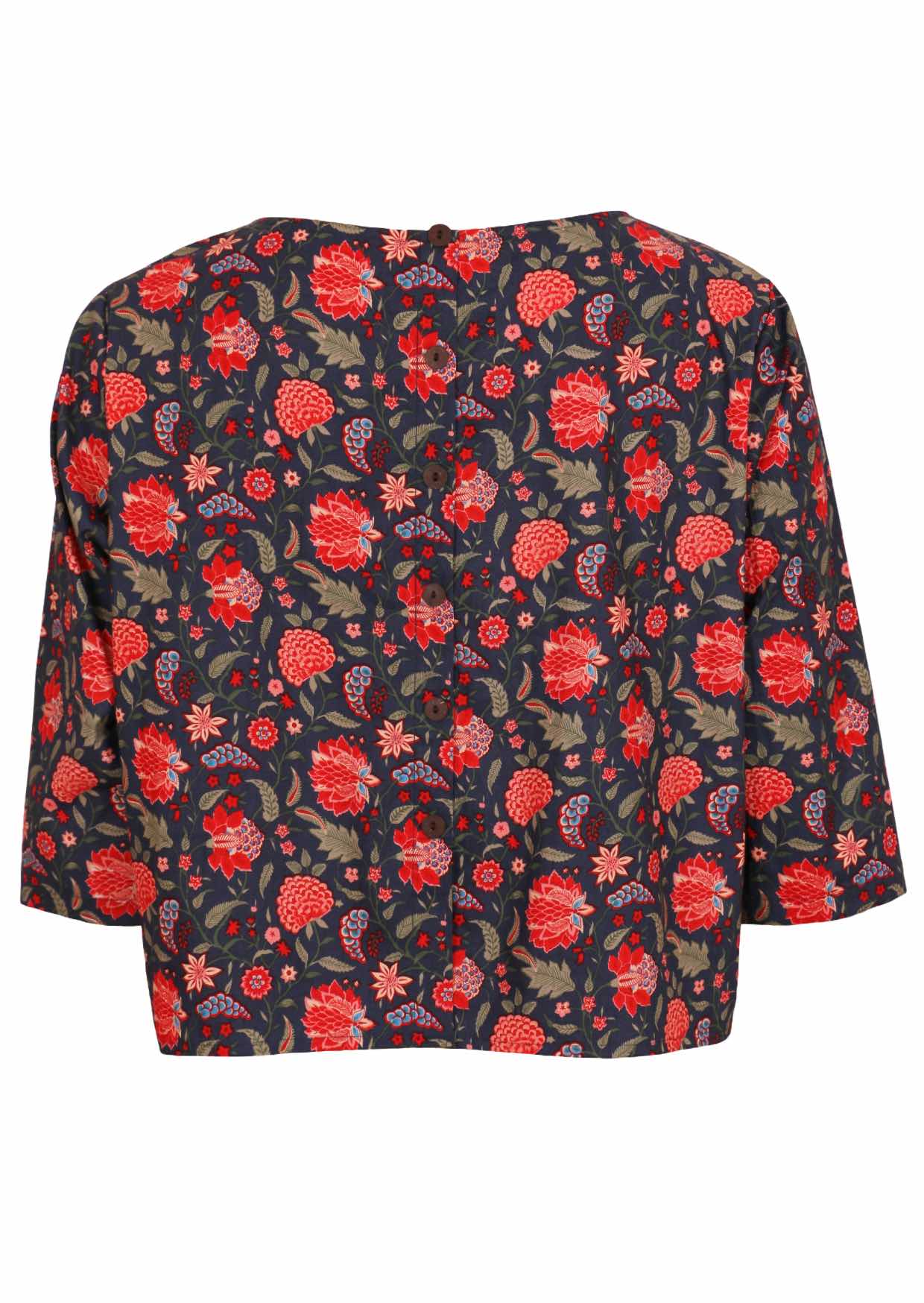 Back of cotton relaxed fit 3/4 sleeve top with decorative buttons, in a red and green floral print on a blue base 