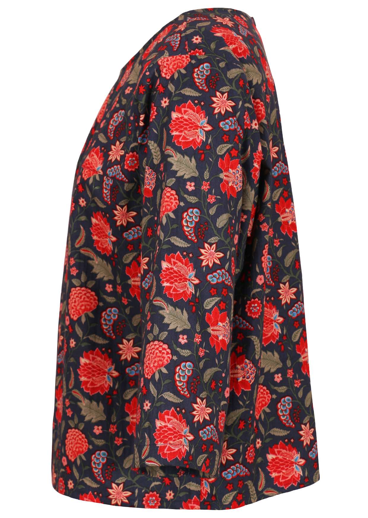 Cotton relaxed fit 3/4 sleeve top in a red and green floral print on a blue base 