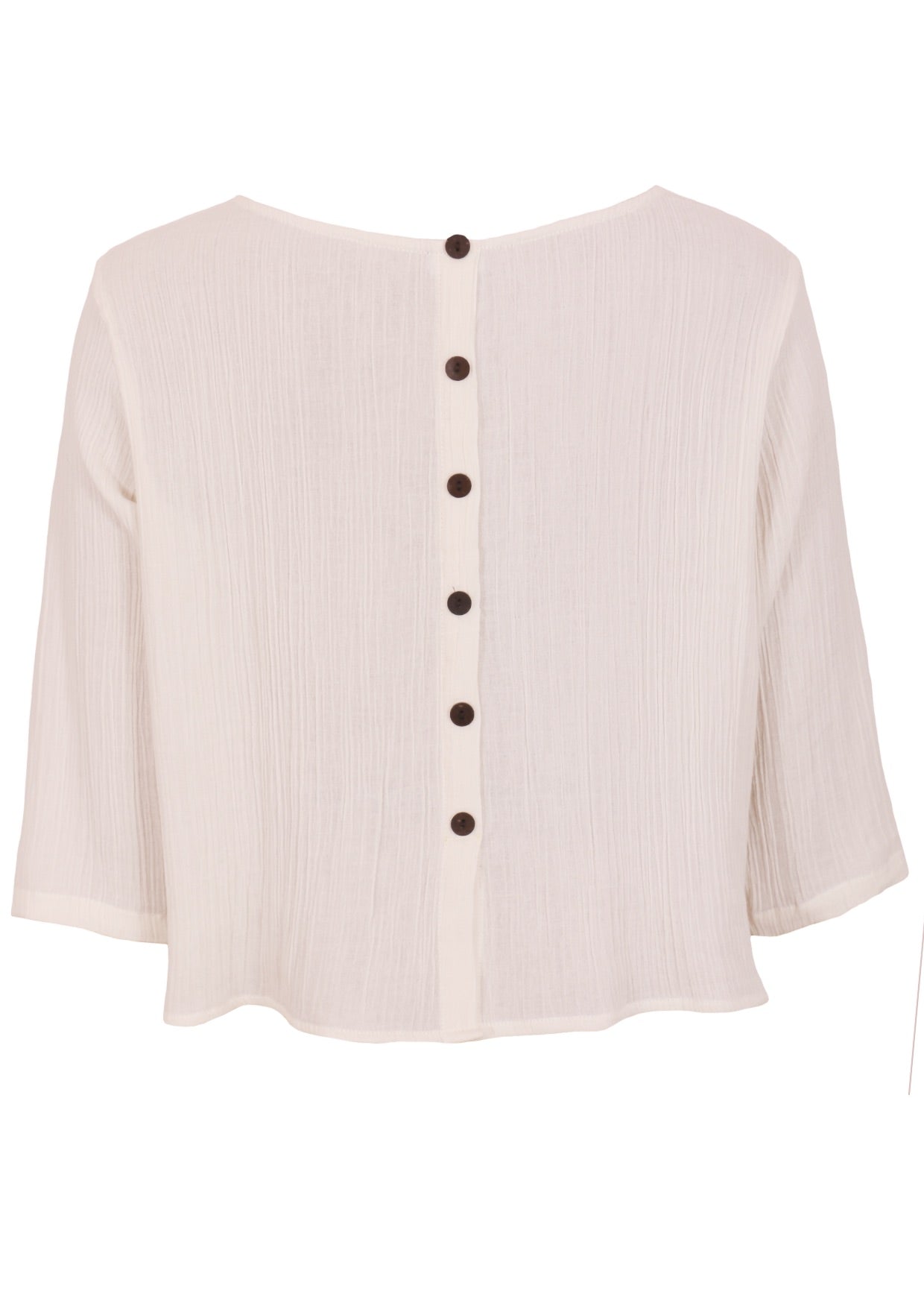 Natural white double cotton 3/4 sleeve top with decorative buttons down centre back