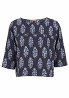 Boxy Style Women's top in navy blue cotton with floral motif