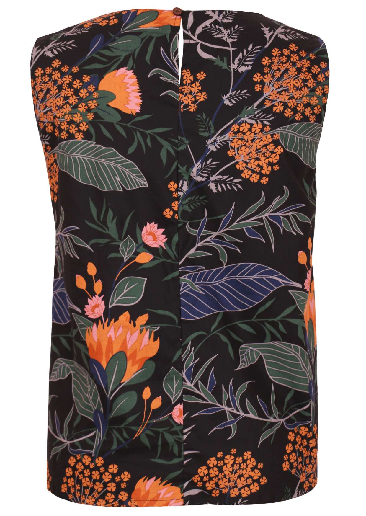 100% cotton black based botanical print sleeveless top with high round neckline and button at the nape of neck 