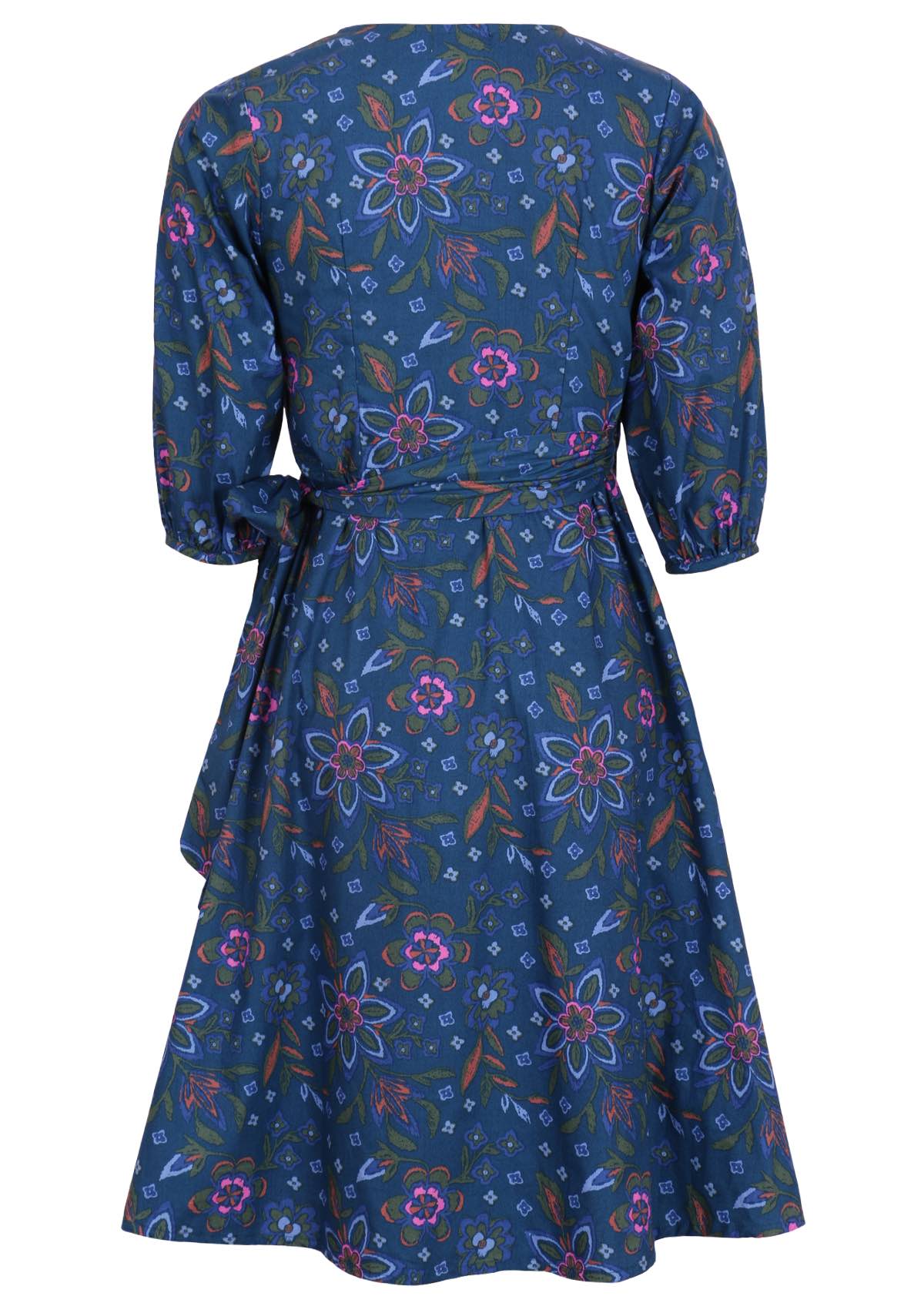 Cotton dress with florals ends below the knee and has 3/4 voluminous sleeves. 