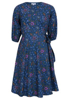 100% cotton wrap dress features a waist tie that can be done up at the front, side or back. 