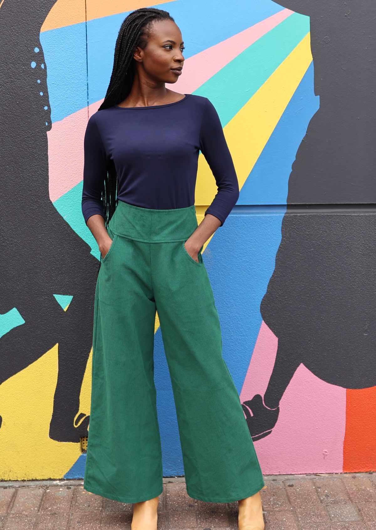 Green high waisted corduroy pants with pockets