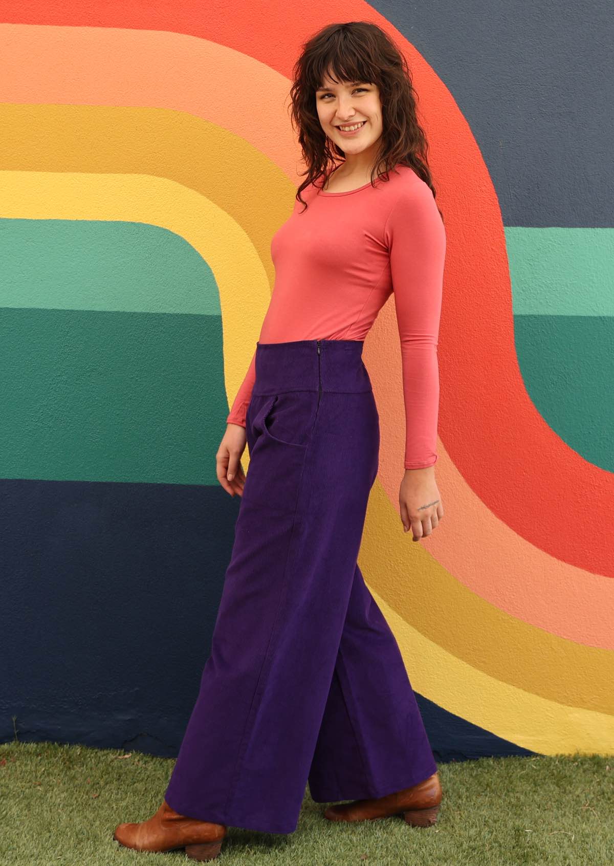 High waisted cotton corduroy pants in bright purple
