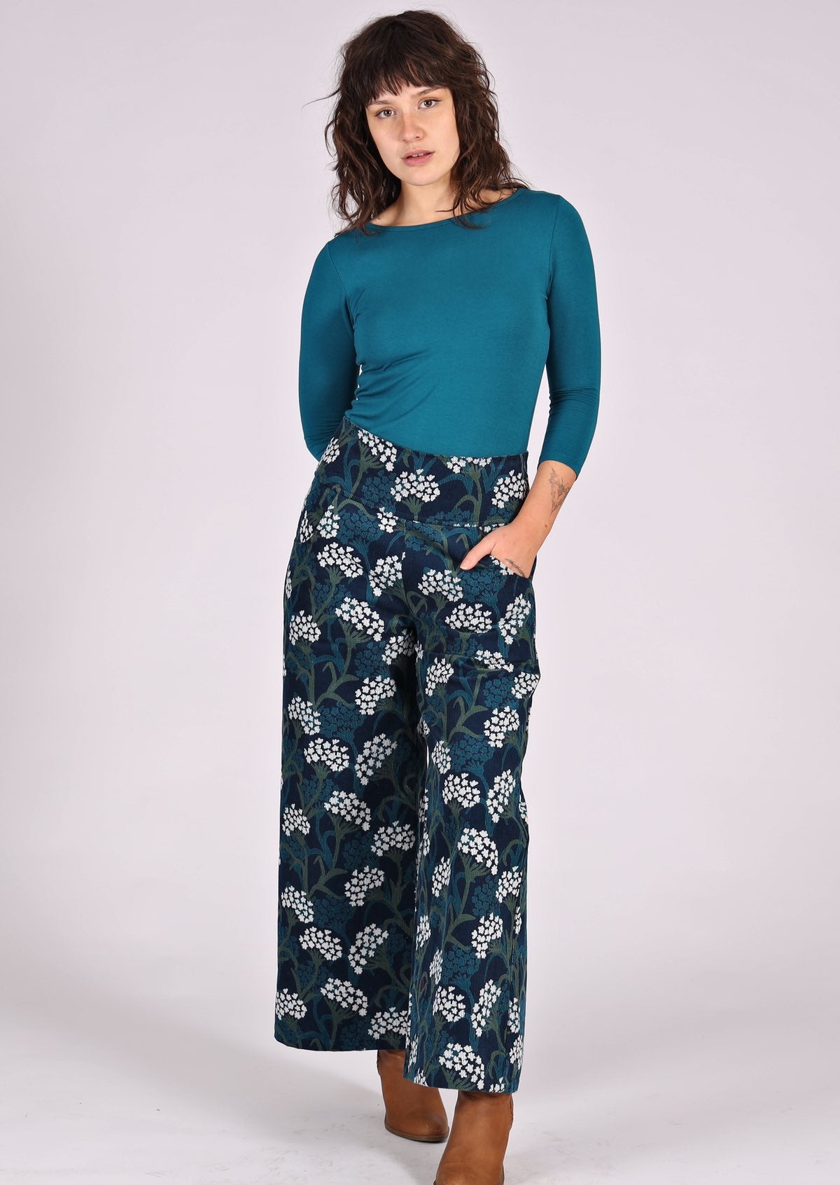 Floral print cotton corduroy pants with pockets