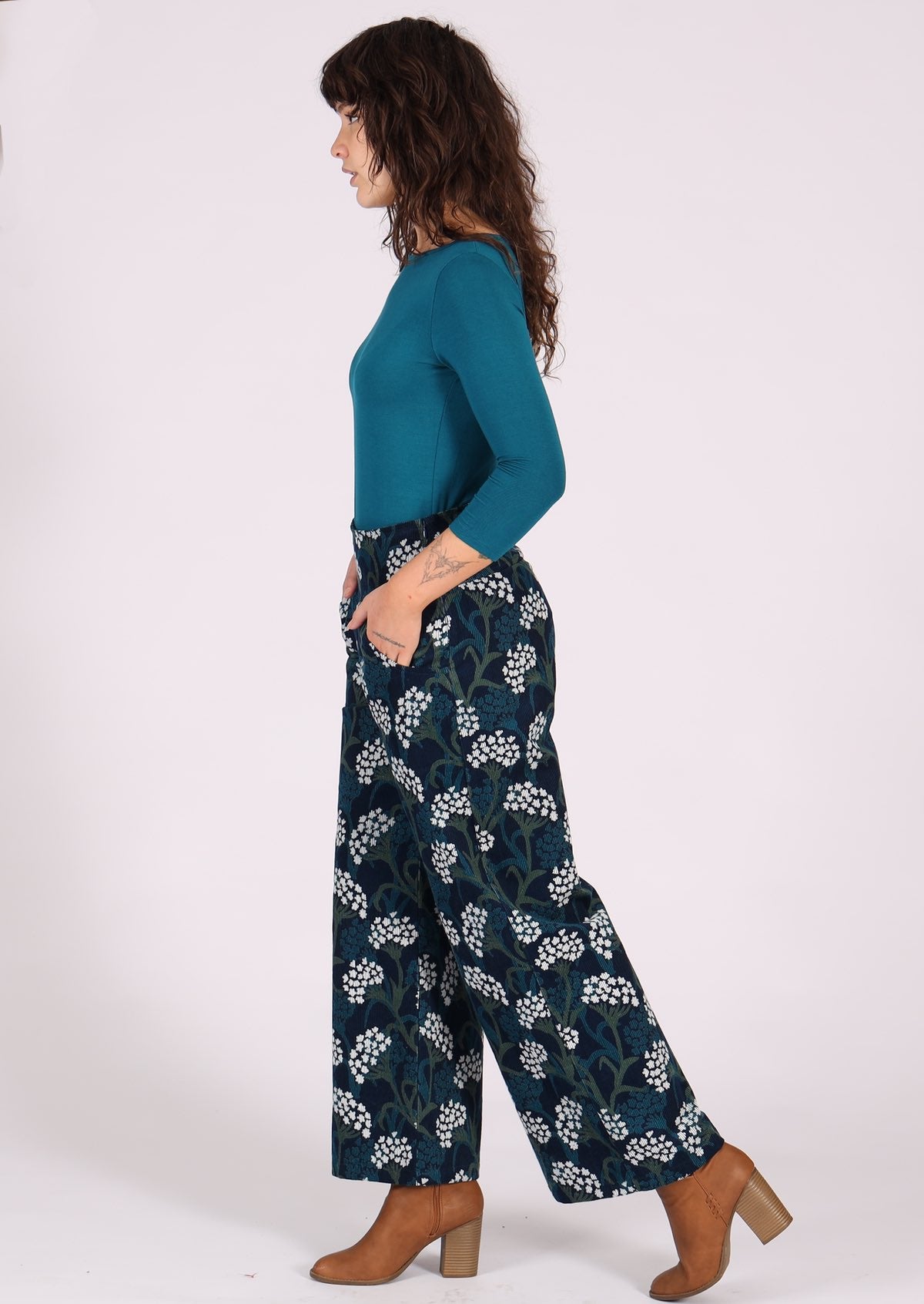 High waisted wide legged corduroy pants with floral print