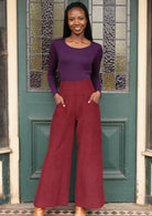 Maroon cotton corduroy wide leg pants with pockets