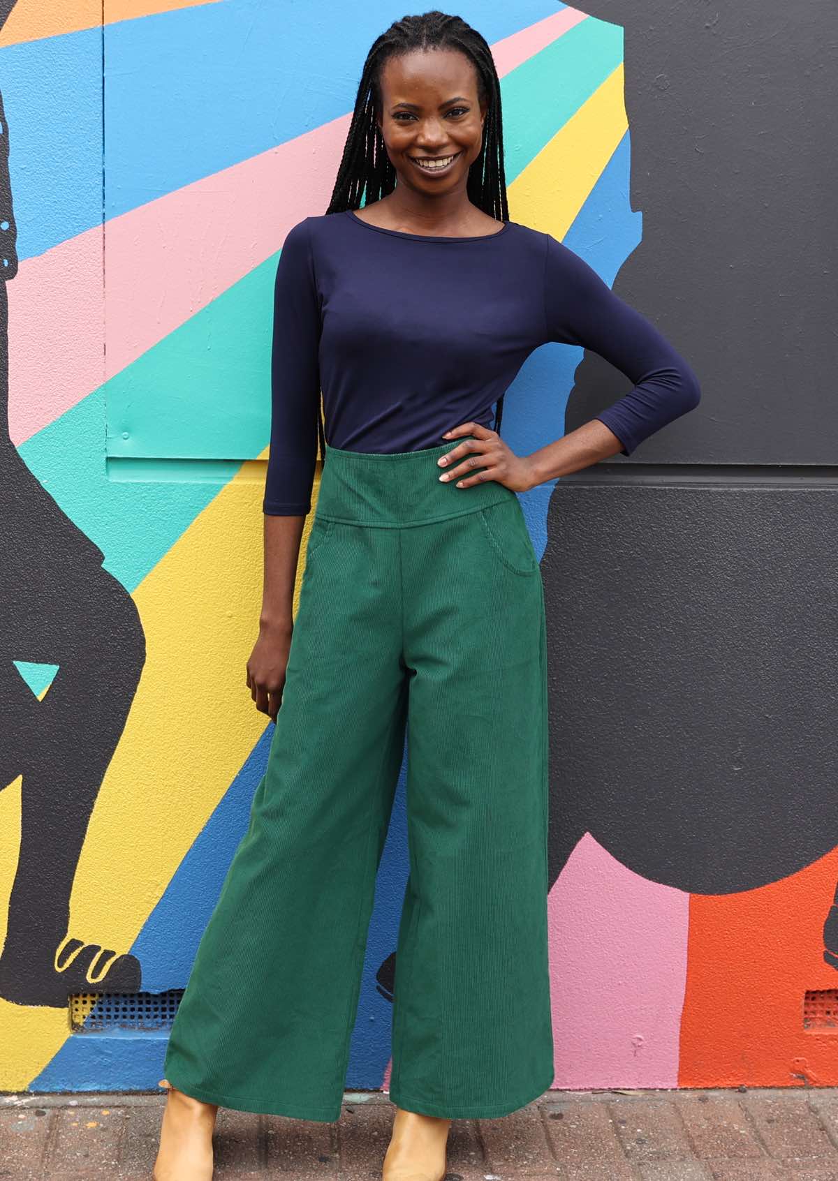 Cotton corduroy wide leg pants with wide waistband and pockets