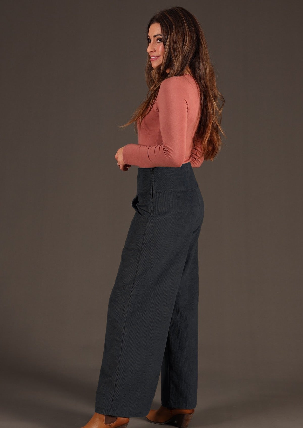 Wide leg corduroy pants with wide waistband in dark grey