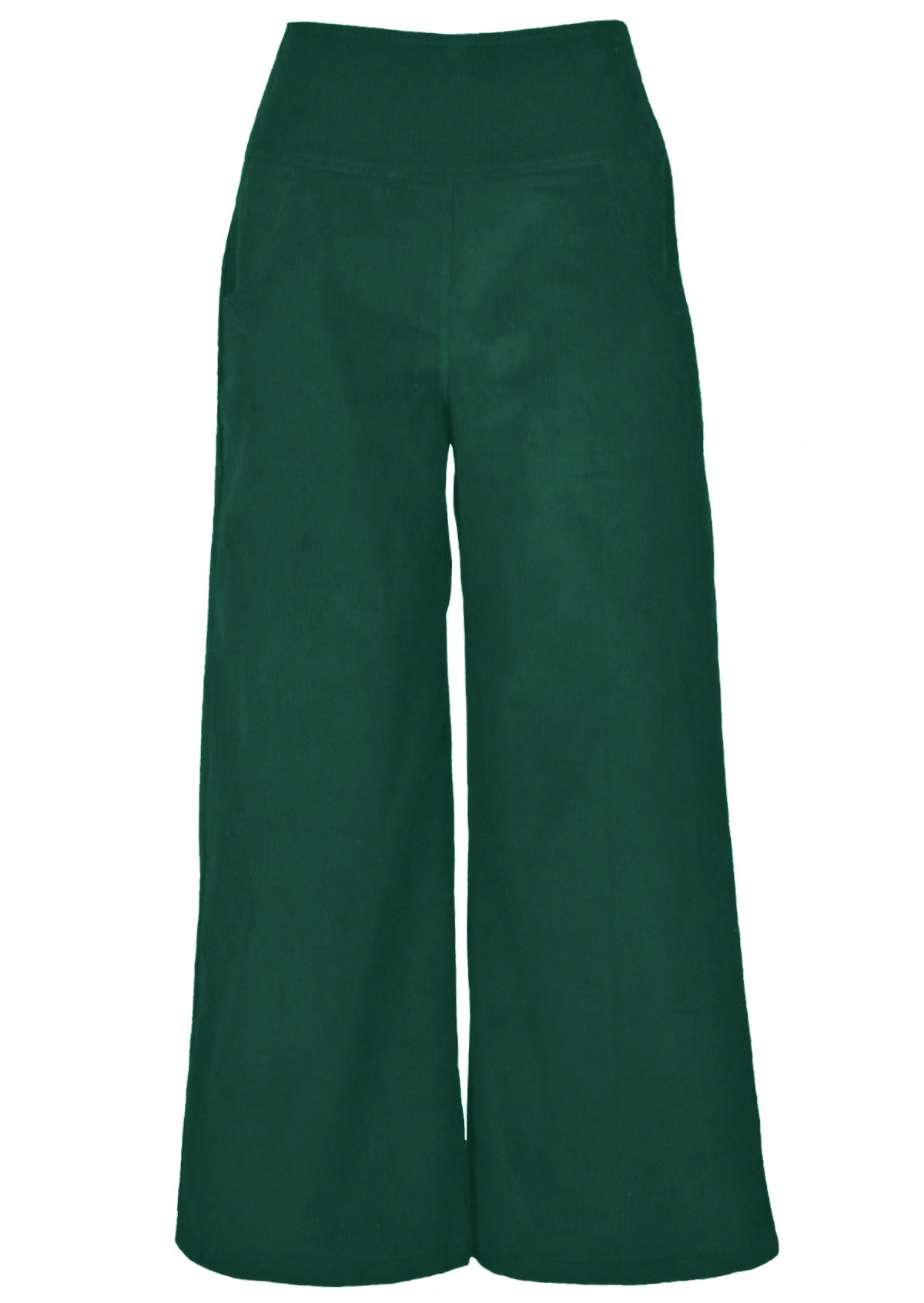 100% cotton corduroy pants have pockets and a high waist. 