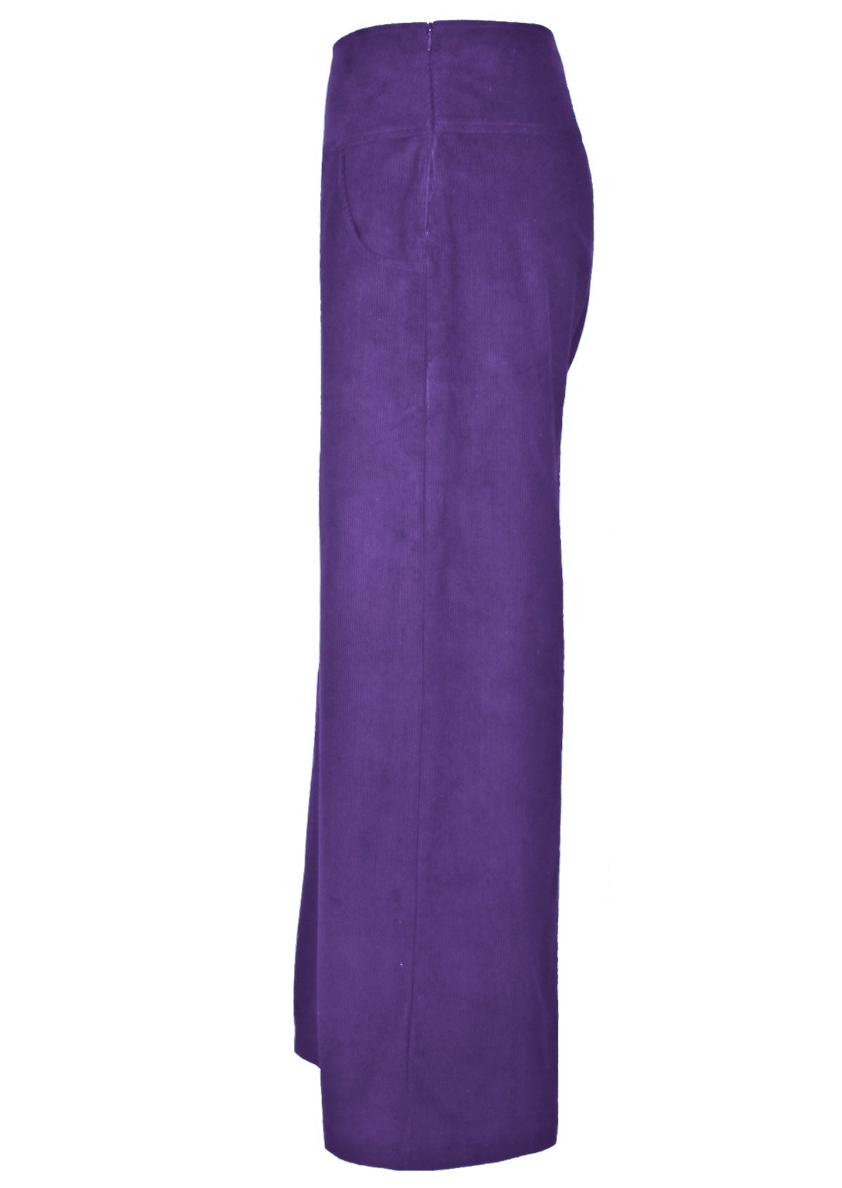 100% cotton corduroy pants in purple have side pockets. 