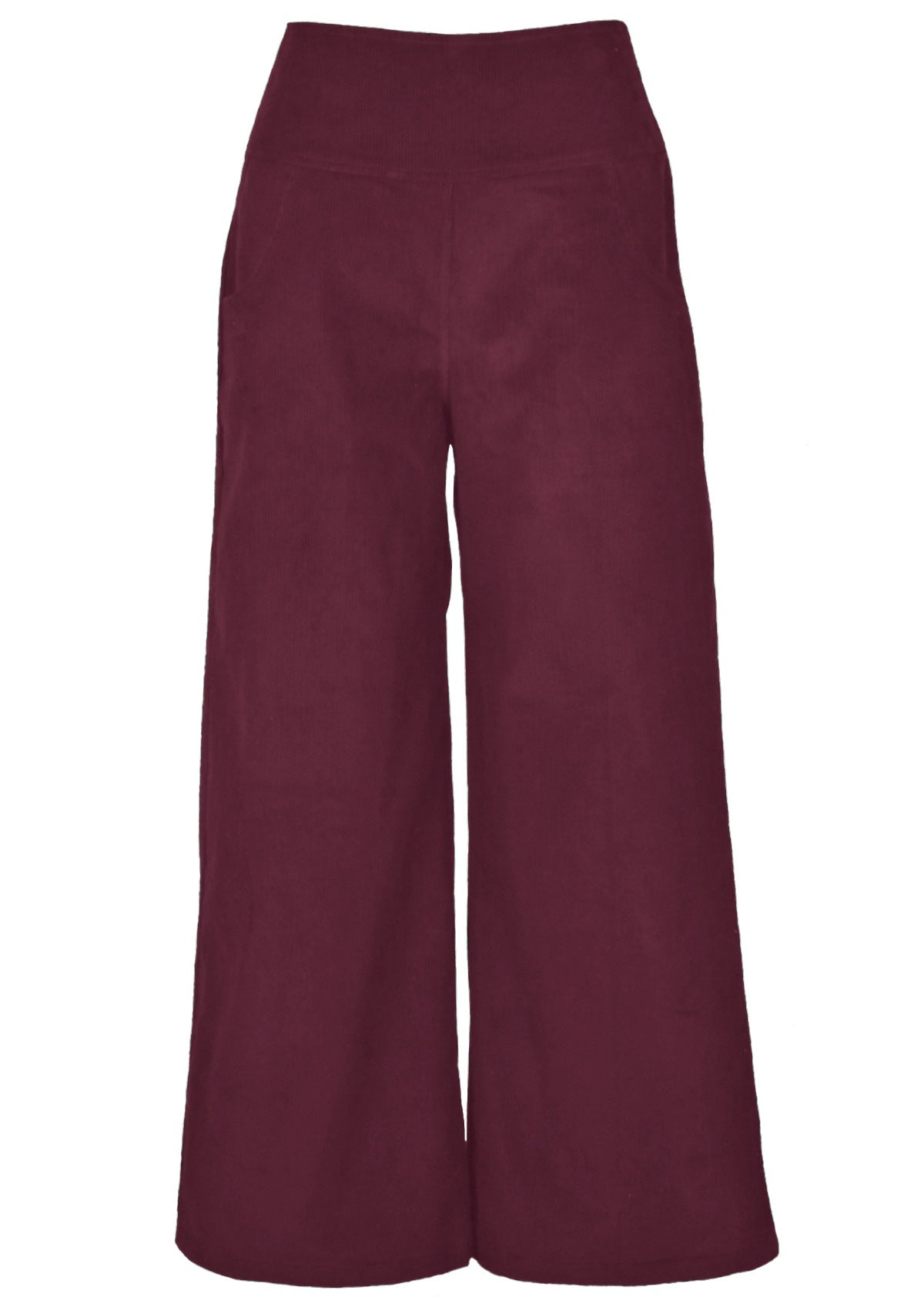 Deep red coloured 100% cotton corduroy pants with wide legs. 