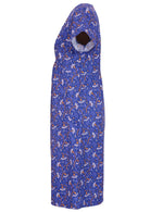 100% cotton dress with a blue base with a white and orange floral pattern. 