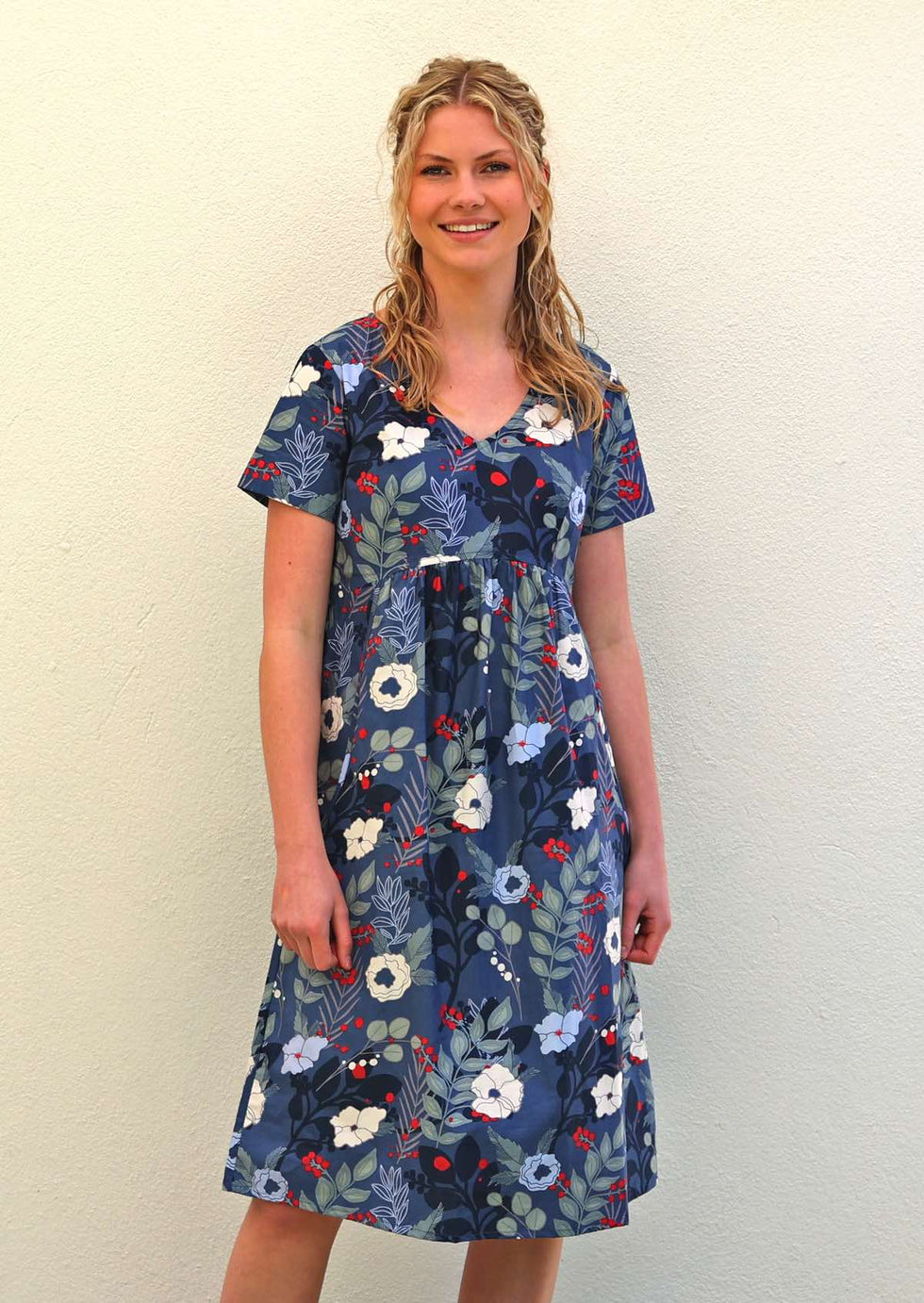 Navy Blue Floral Cotton T-Shirt Dress