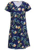 Mannequin front of navy blue dress. 