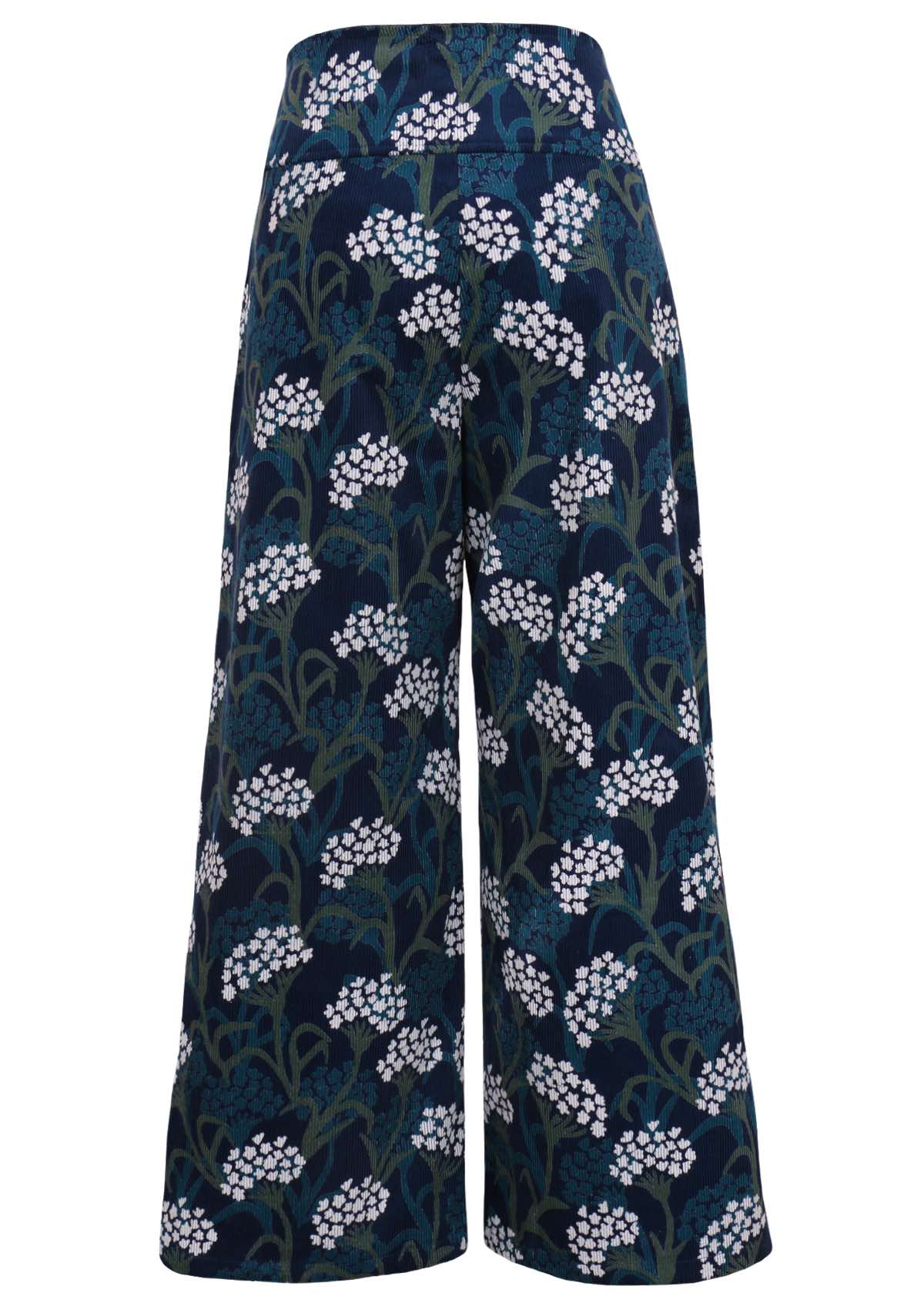 Floral print 100% cotton corduroy pants feature a wide leg. 