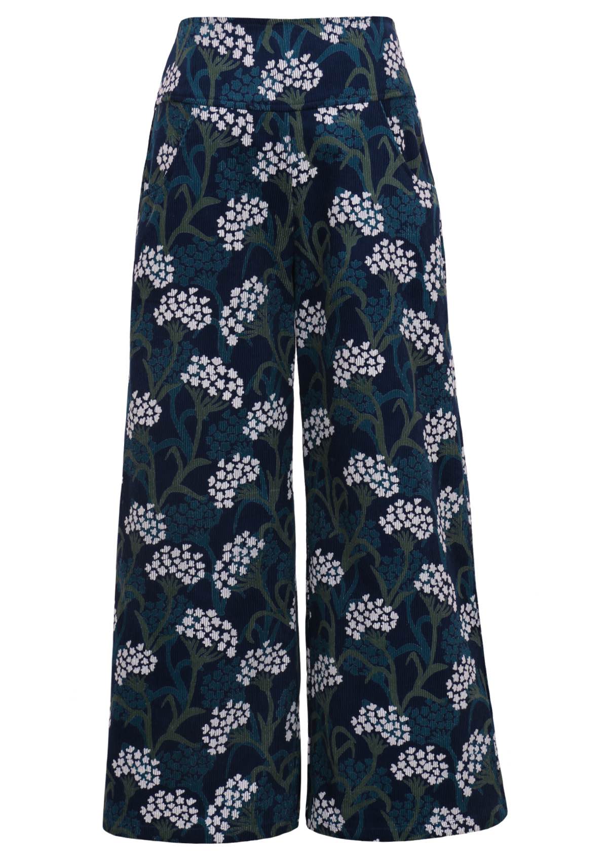 100% cotton corduroy pants with a white and green yarrow flower print on a blue base. 