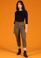 Faye Pants Capers khaki green cotton drill slim 7/8 pants with front zip internal clasps and pockets | Karma East Australia