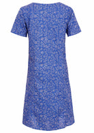 Cotton blue dress with pin tucks and a round neckline. 