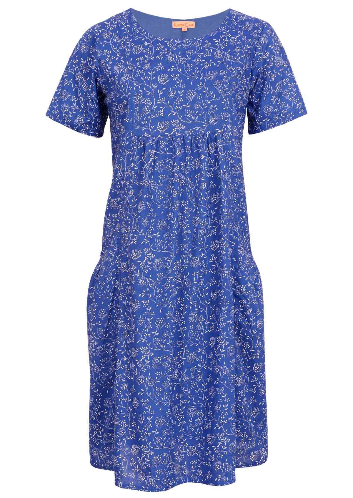 Blue based cotton dress with a delicate floral print. 
