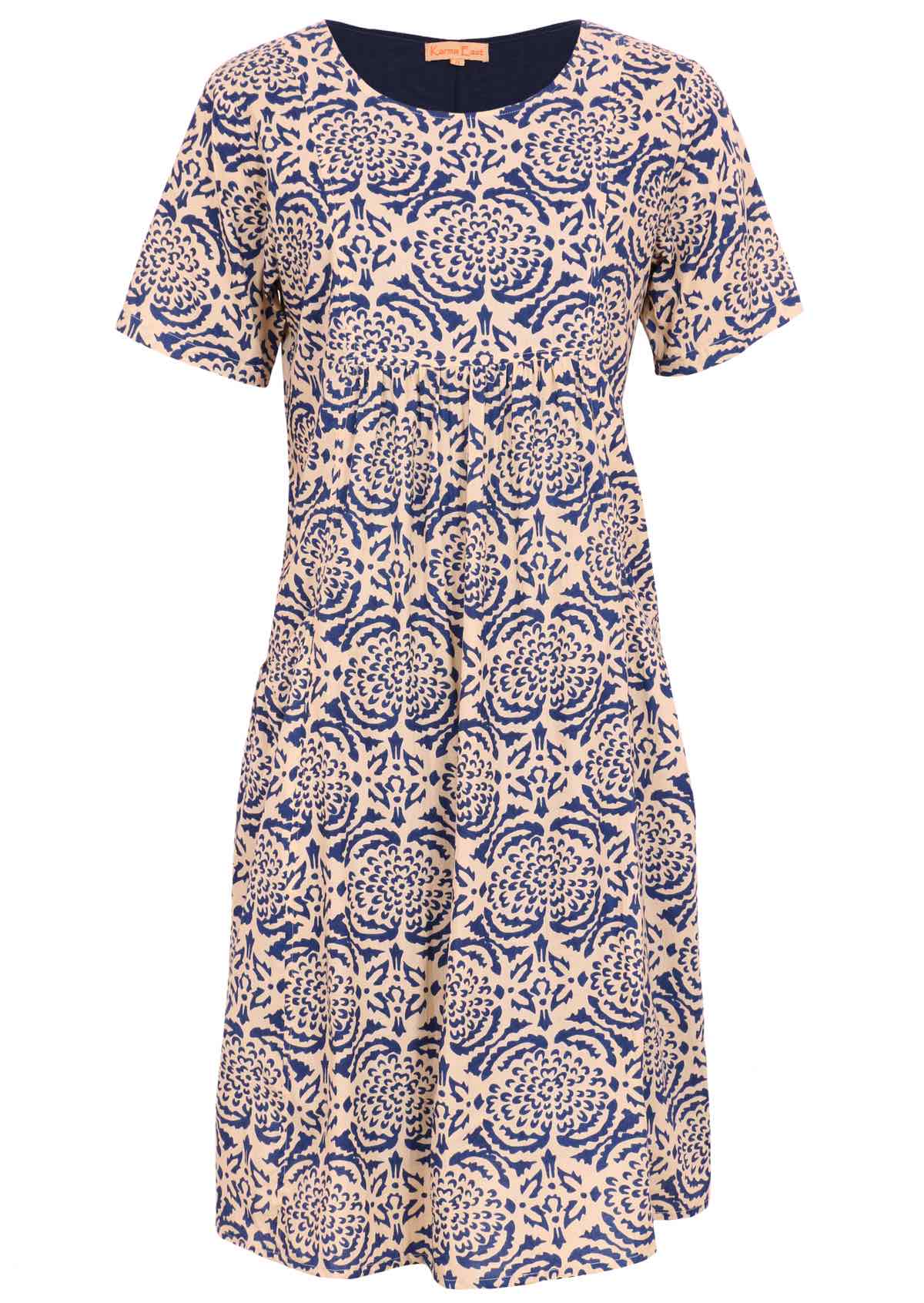100% cotton dress with a blue dahlia print on a cream base. 