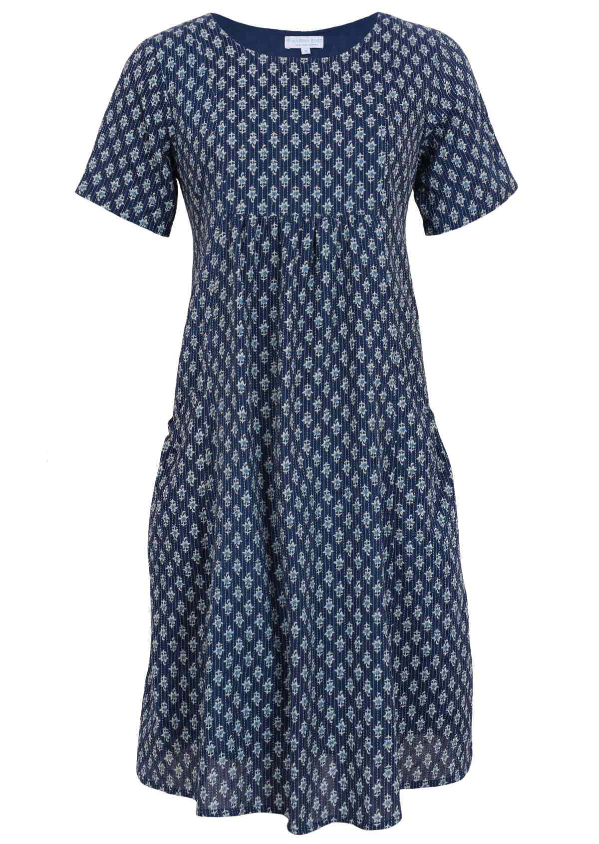 100% cotton dress in blue has a round neckline. 