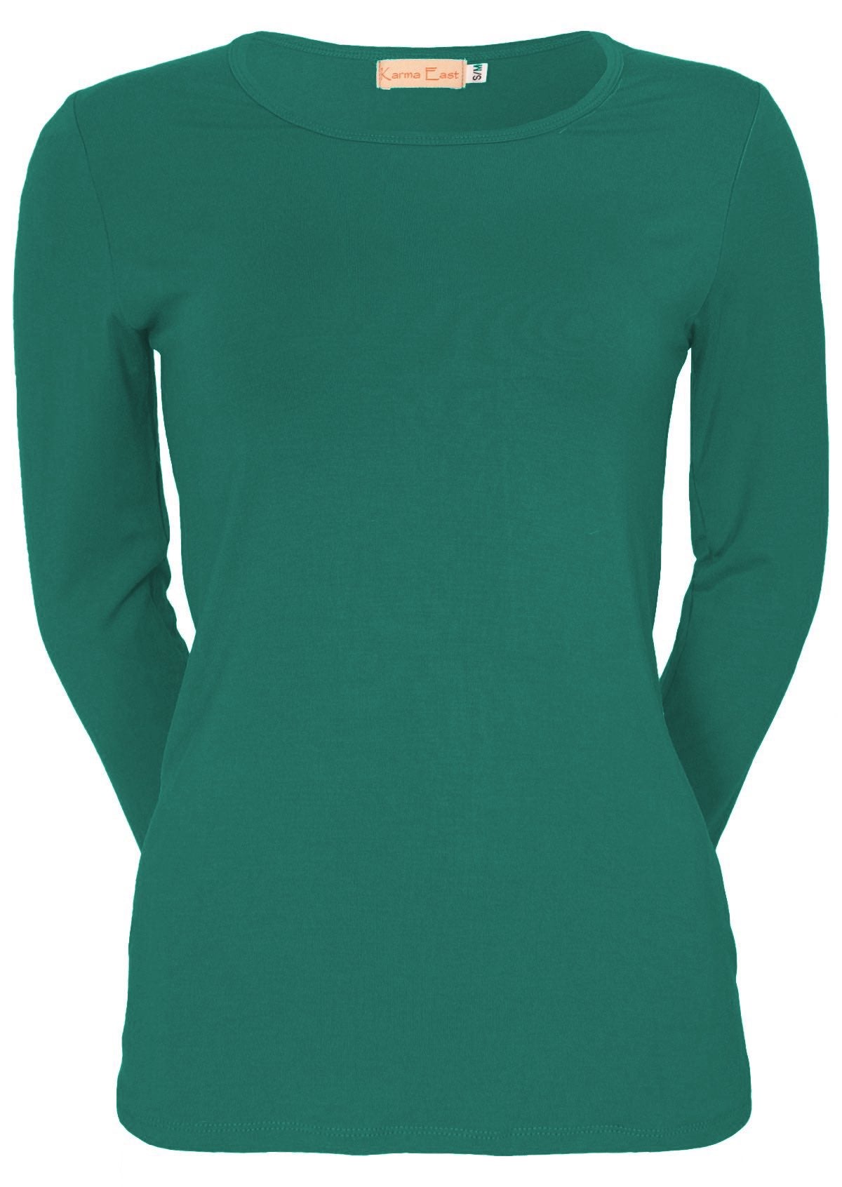 Front view of women's round neck green long sleeve rayon top.
