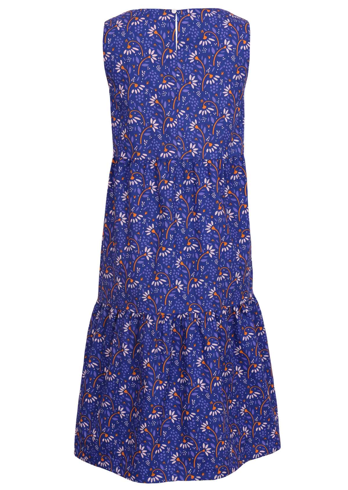 fun daisy print on blue base cotton midi length cotton dress
