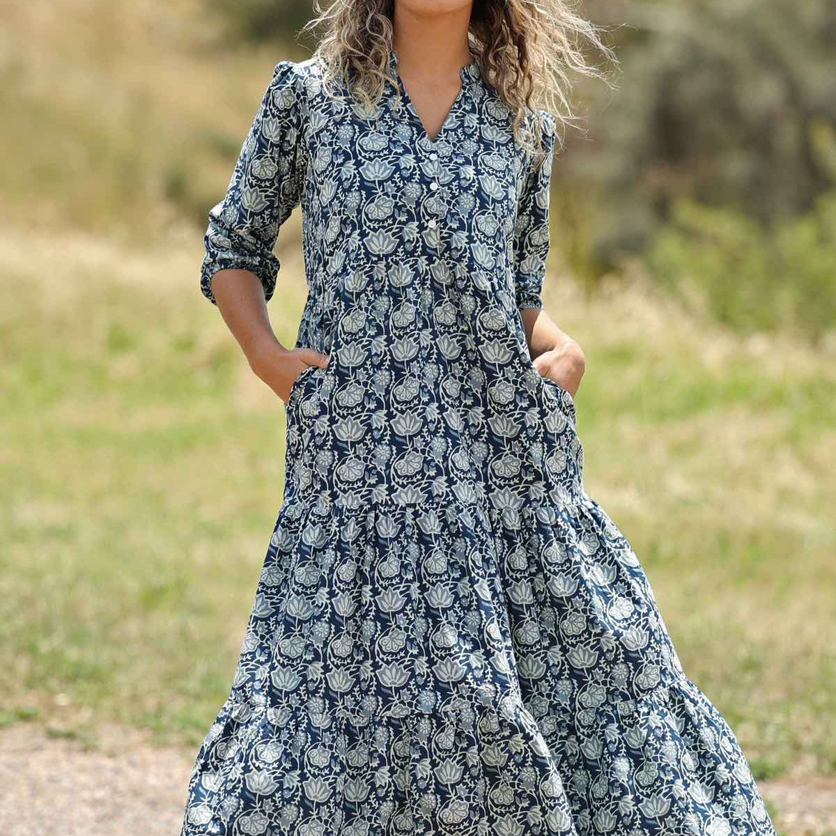 Blue Floral Hand Block Printed Cotton Maxi Dress – Belted Long Dress with Puff Sleeves & Keyhole Neckline
