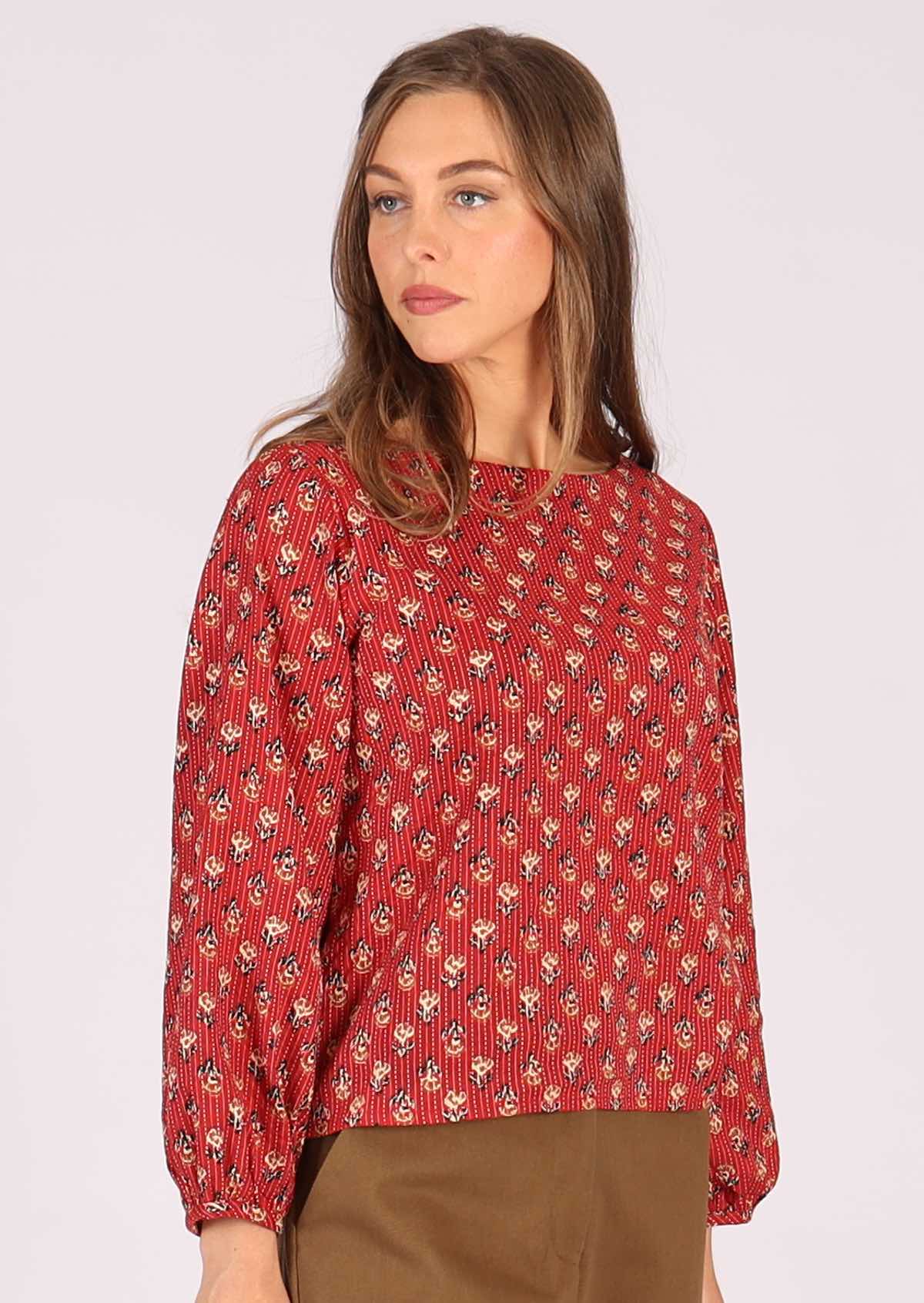 Lightweight cotton top in deep red with flowers and kantha stitches