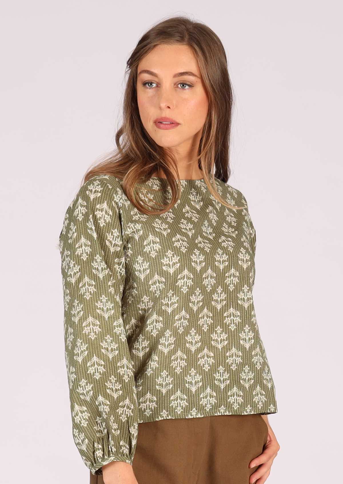 Sophisticated long sleeve cotton top in green with kantha stitches
