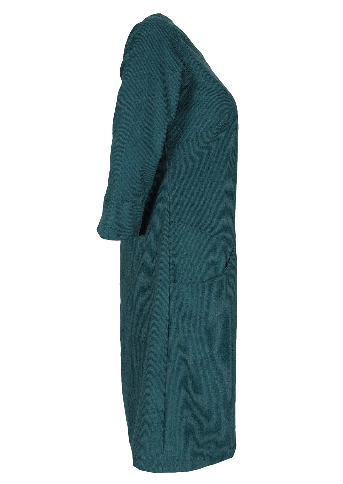 Deep teal cotton corduroy dress features 3/4 sleeves with a detailed cuff. 